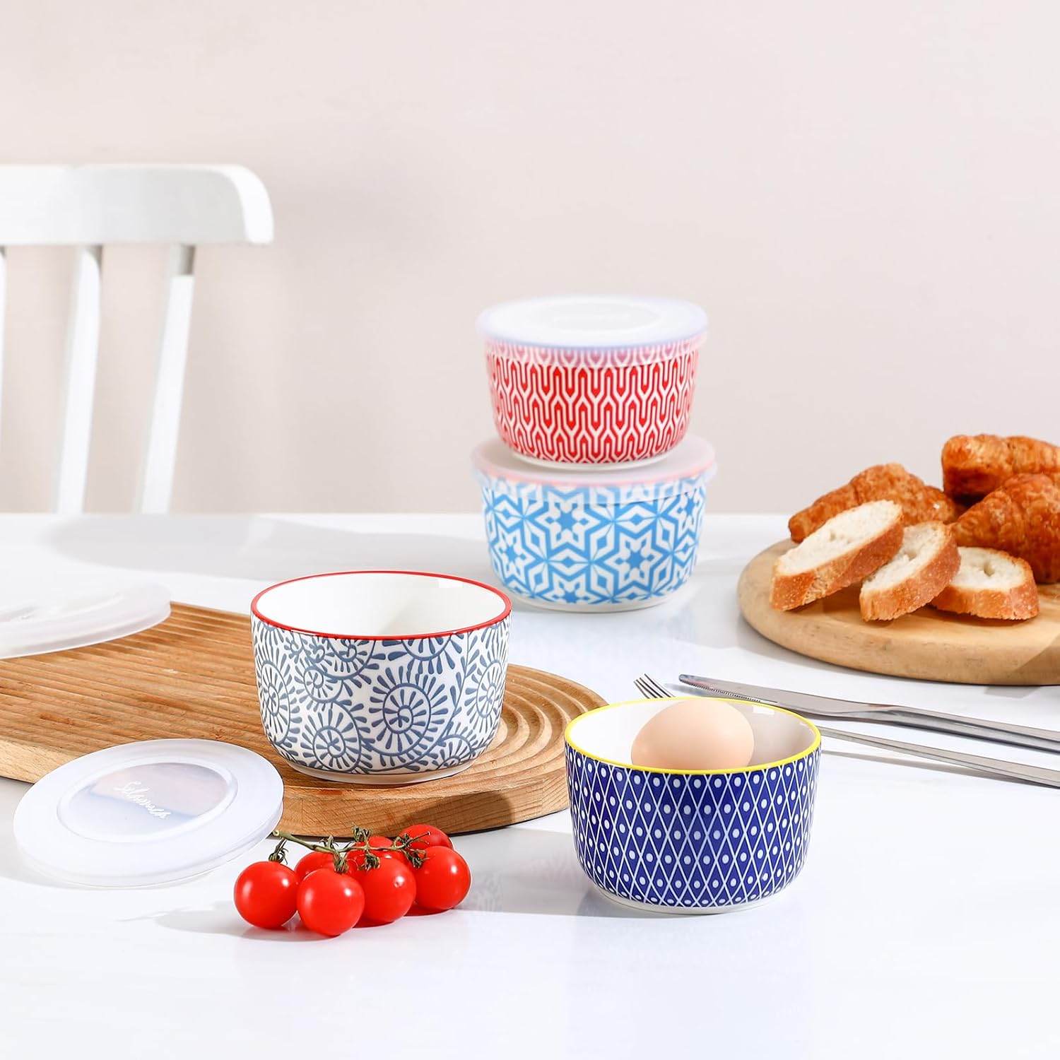 Selamica Ceramic Ramekins with Lids, 10 OZ Creme Brulee Ramekins with Covers Oven Safe, Custard Cups Small Baking Bowls for Souffle, Pudding, Onion Soup, Dips, Set of 6, Assorted Colors