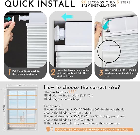 No Drill No Tools Cellular Shades for Windows, Top Down Bottom Up Honeycomb Blinds, Blackout Cordless Window Blinds for Indoor Windows, Easy to Install,Blackout-white46.5 W X 64 H