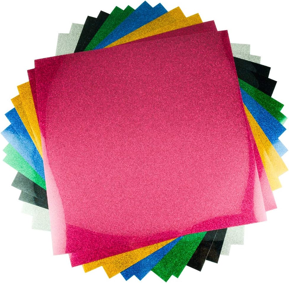 Glitter Heat Transfer Vinyl Bundle, 12 Pack 10" x 10" Sheets for T-Shirts, 6 Colors Glitter HTV Vinyl (Gold,Blue,Fuchsia,Green,Silver,Black)