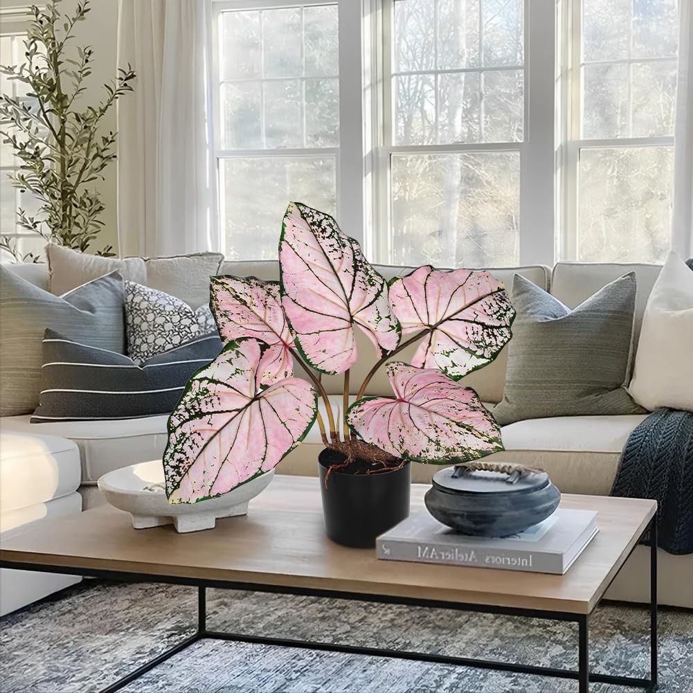 Briful 22'' Tall Fake Plants Artificial Caladium Plants in Black Pot Realistic Potted Faux Plant Indoor for Home Decor Wedding Farmhouse Centerpiece, Wide Pink-Black Leaf