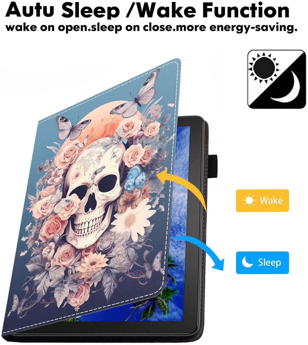 Case for All-New Amazon Fire HD 10/HD 10 Plus Tablet 10.1" (13th/11th Generation, 2023/2021 Release), Slim PU Leather Cover with Card Slot & Auto Wake/Sleep, Skull Rose Butterfly