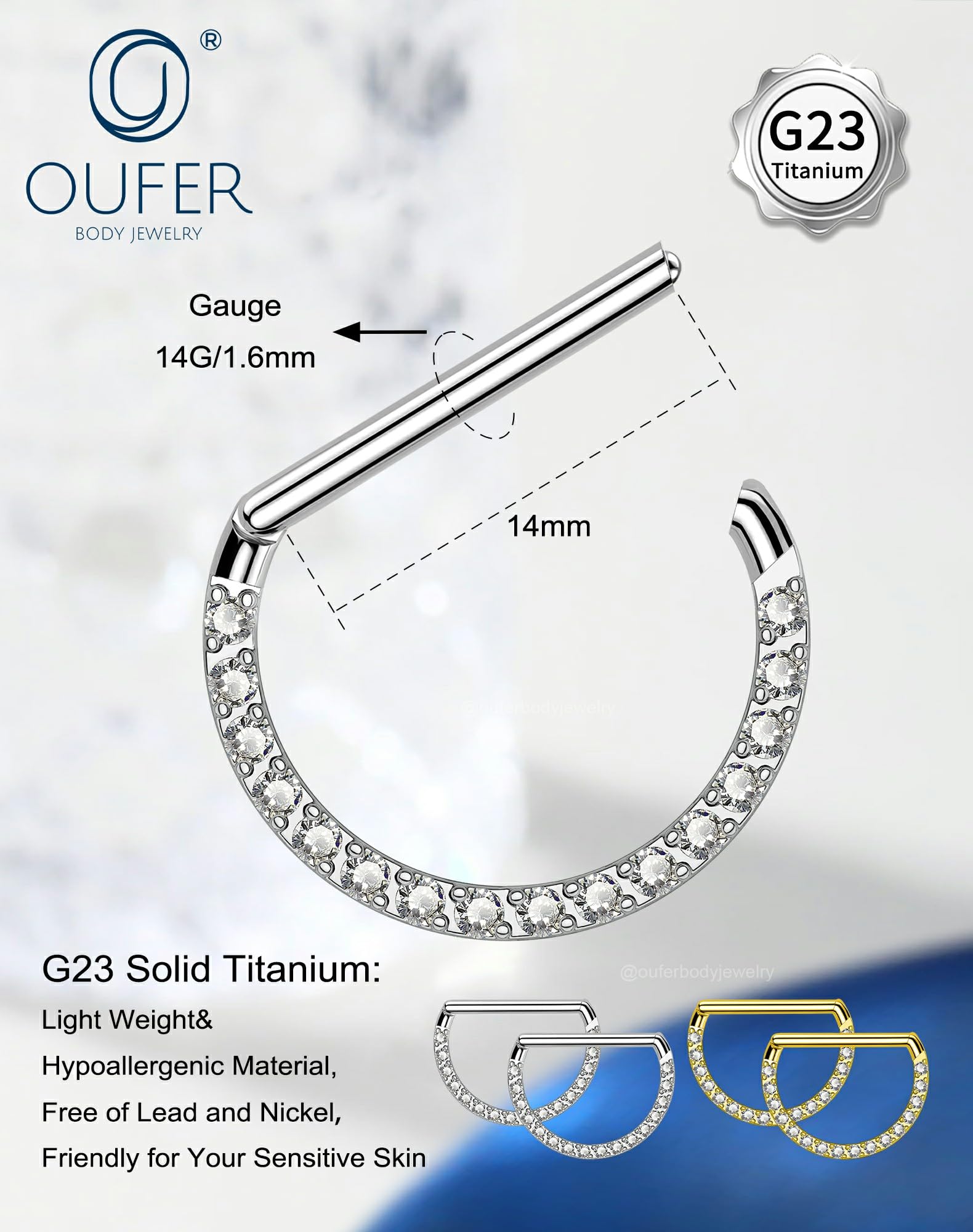 OUFER Body Piercing Nipple Bars: 14G Surgical Steel Gold Clicker Nipple Rings Piercing Jewellery with Clear CZ Paved for Women 1.6mm