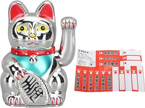 Maneki Neko Lucky Feng Shui Cat Statue Beckoning Cat 5 Inch Electric Lucky Fortune Cat Home Desktops Decoration Best Good Luck Silver