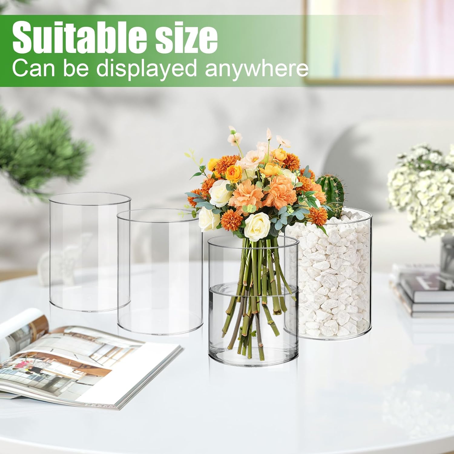 20 Pcs Plastic Cylinder Vases, Clear Flower Vases for Centerpieces,Small Flower Container, Plastic Hurricane Candle Holder for Table Home Office Wedding Decor(4 Inch)