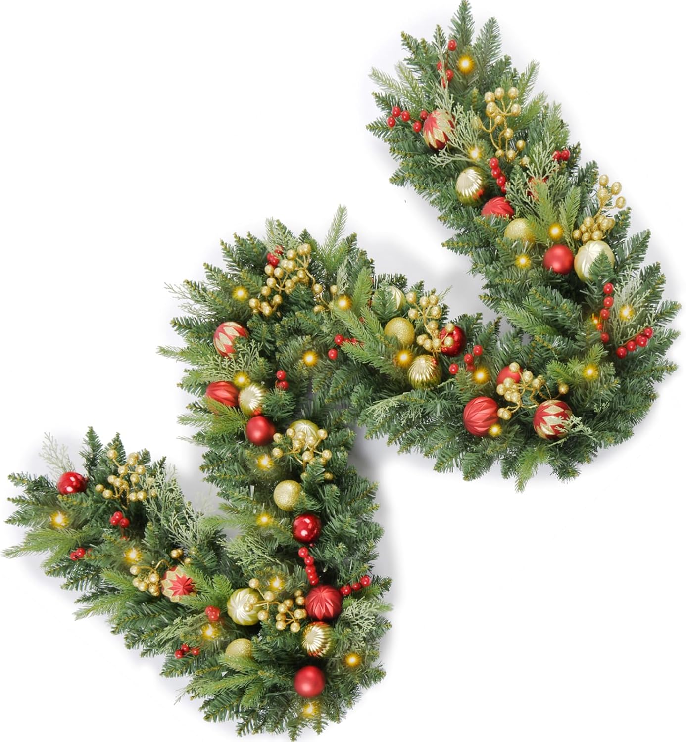 9FT Pre-Lit Artificial Christmas Garland with Dual Color LED Lights and Timer by Remote Control and Batteries Operated, Holiday Decorations, for Indoor Door Home Stairs Fireplaces Wall