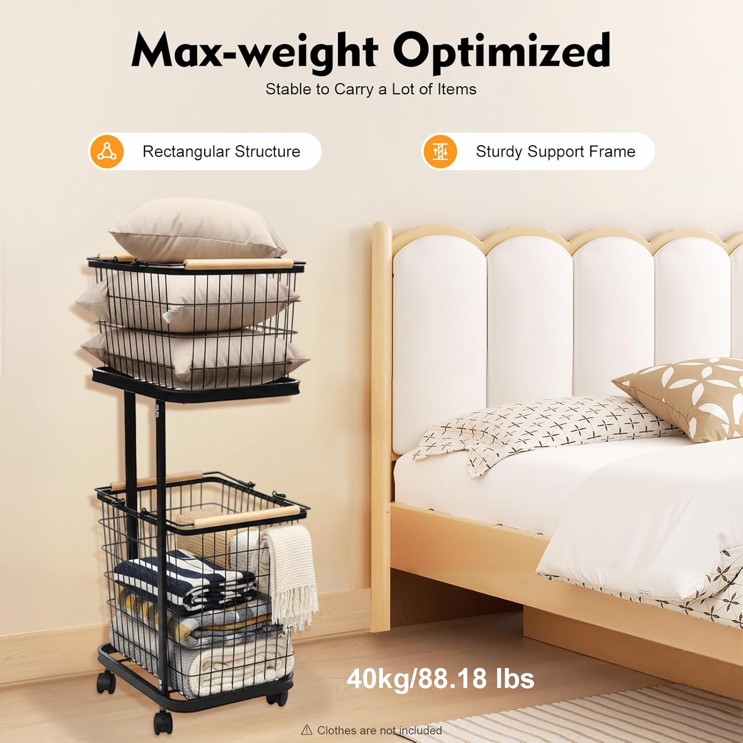 2 Tier Metal Laundry Basket with Wheels, Removable Laundry Storage Sorter Rack with 2 Tier Hollow-out Storage Hamper for Bedroom, Balcony, Dining Room, Hotel