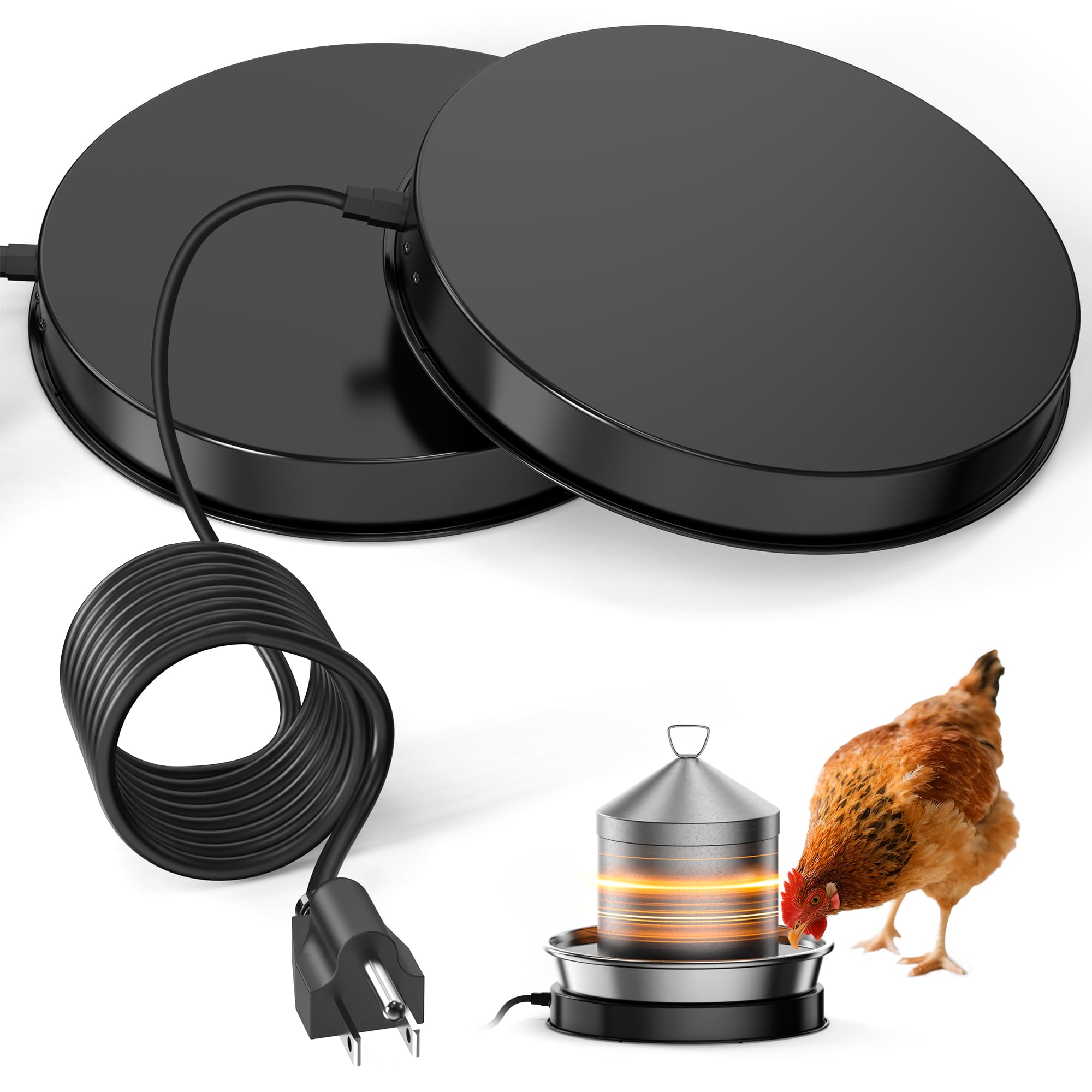 Chicken Water Heater for Winter, 110W Heated Poultry Waterer Base with Thermostat, 11 Inch Poultry Winter Deicer Heated Base with 9.8ft Power Cord, 2PCS (Black)
