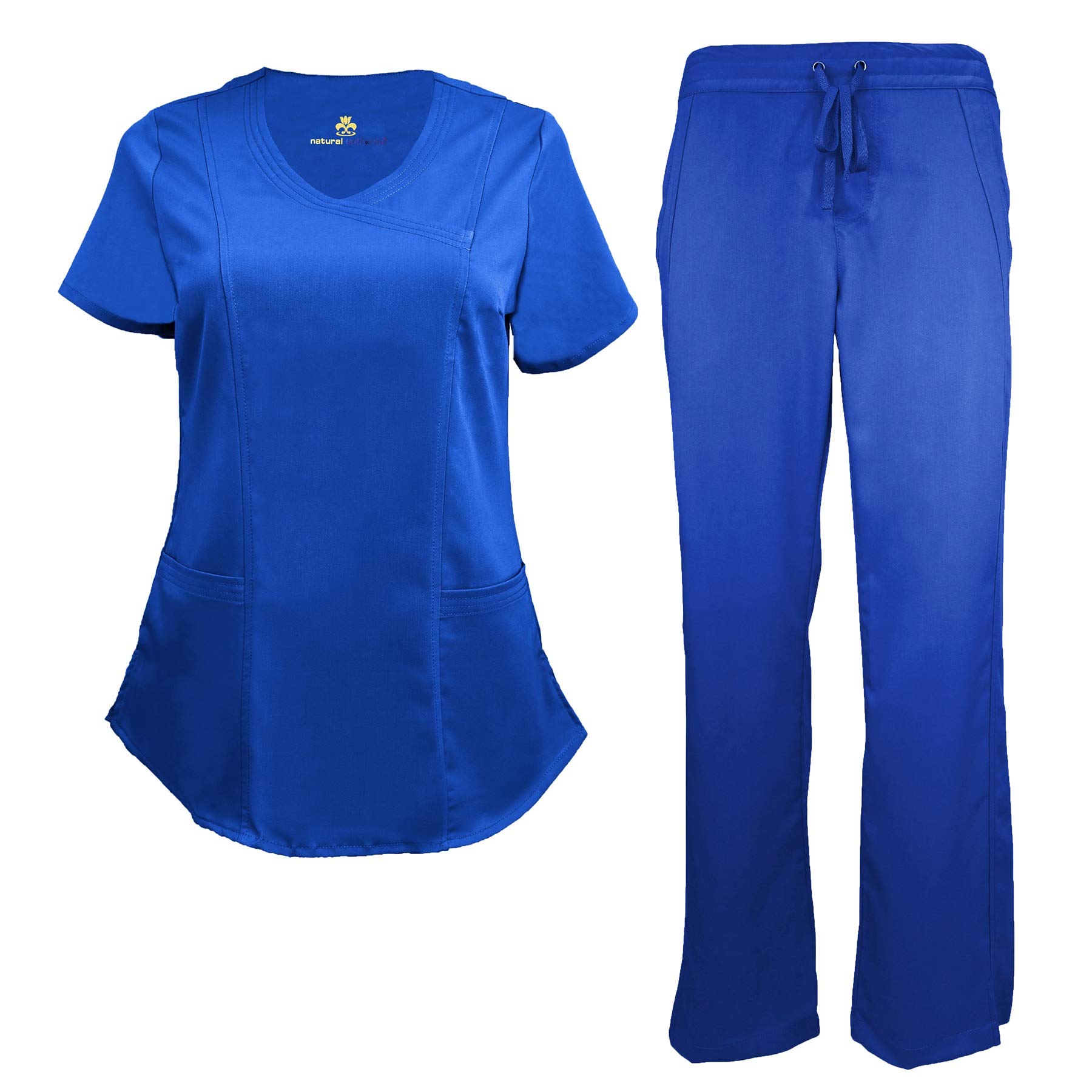 Natural Uniforms Women's Ultra Soft Modern Fit Mock Wrap Work Uniform Top and Pant Set (True Royal Blue, X-Large)