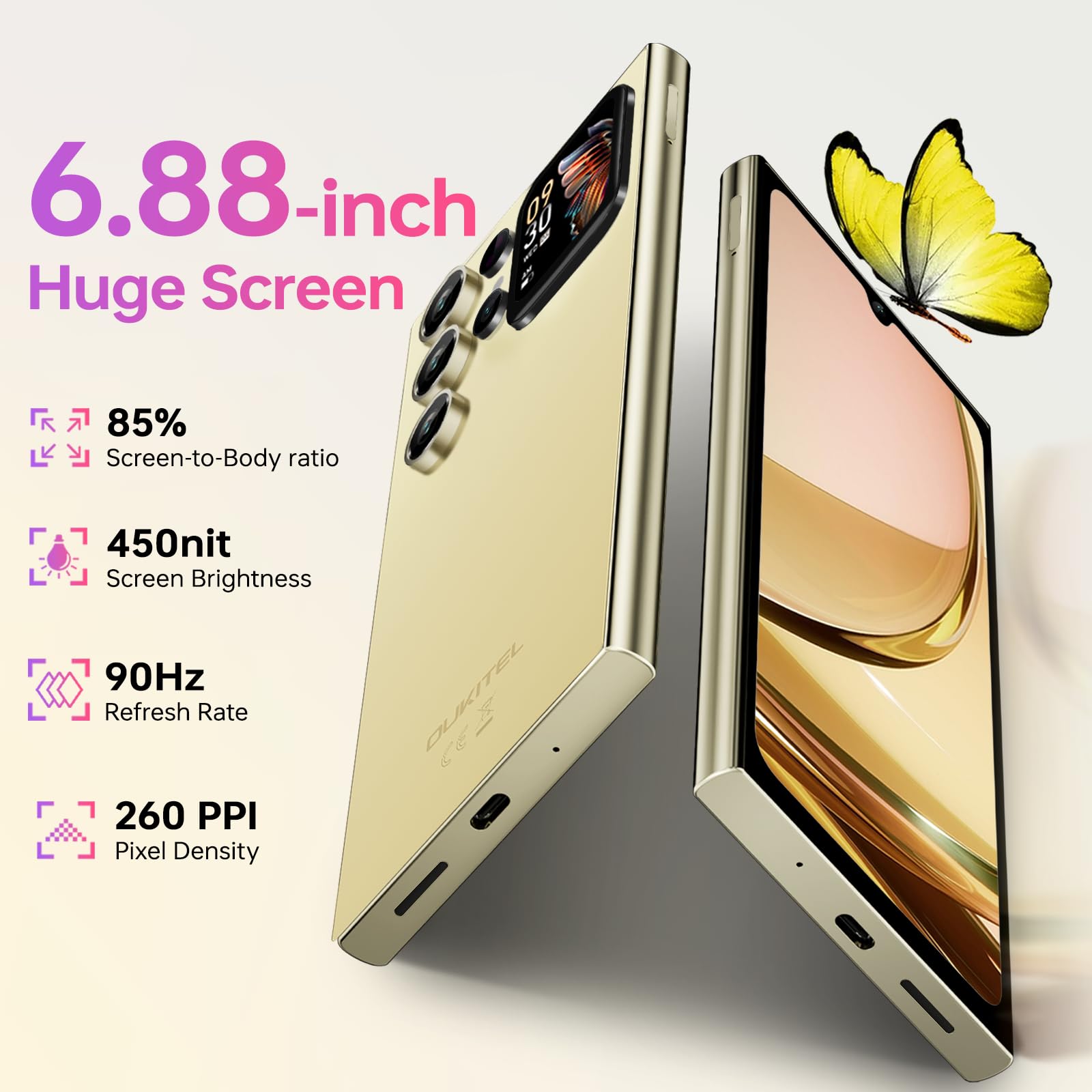 OUKITEL C62 Pro Smartphone Android 15, 24GB+256GB/1TB Telefono Cellulare, 6.88'' &1.81'' Rear Display Telefono, 5150mAh Cellulare,13MP Smartphone Gaming, Octa Core, 4G Dual SIM/NFC/Fingerprint, Oro