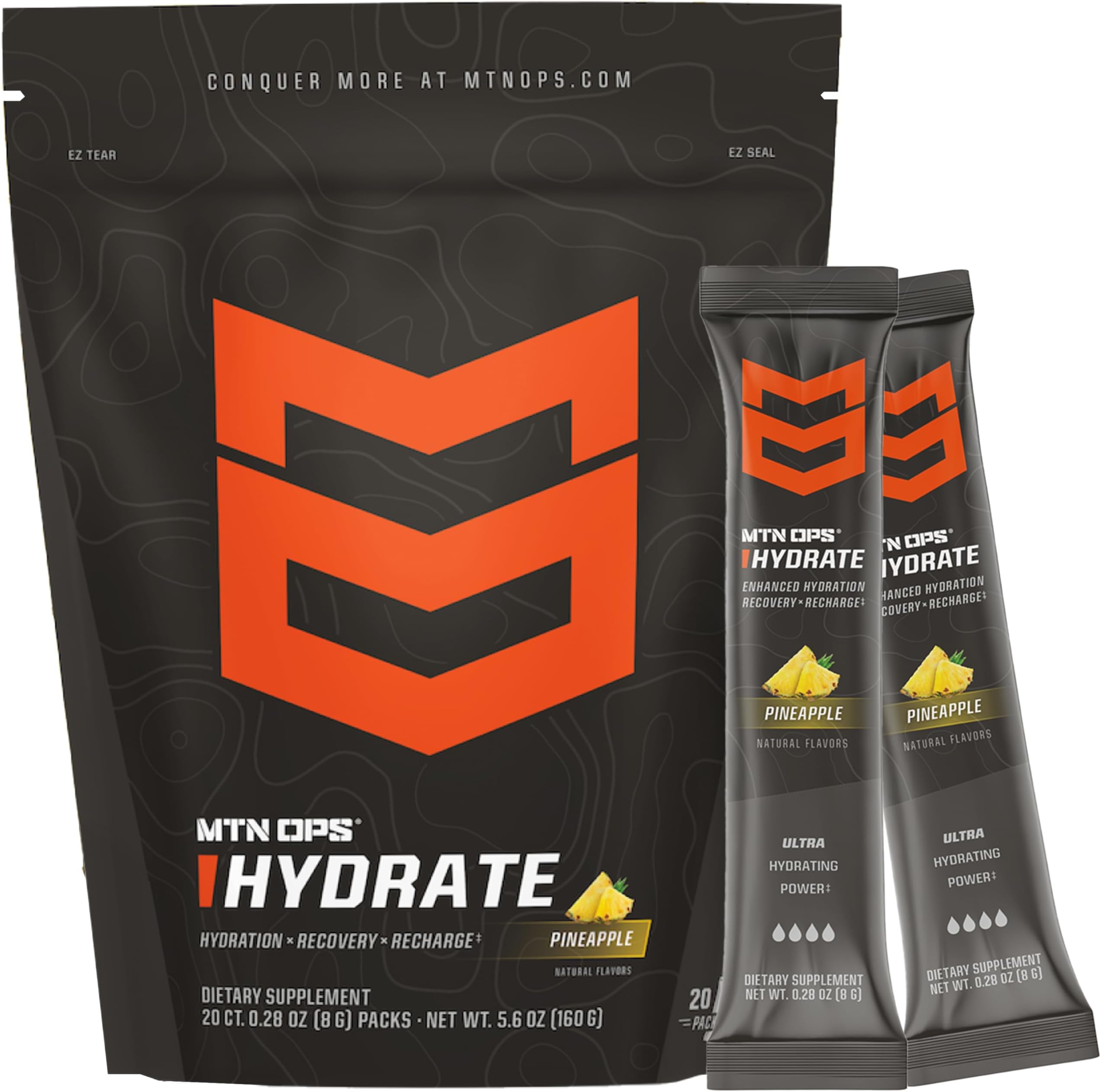 MTN OPS Hydrate Low Sugar Electrolyte Powder Drink Mix with 1g D-Ribose Sugar, 1000mg Electrolytes, On-The-Go Packs, 20 Stick Packs, Pineapple