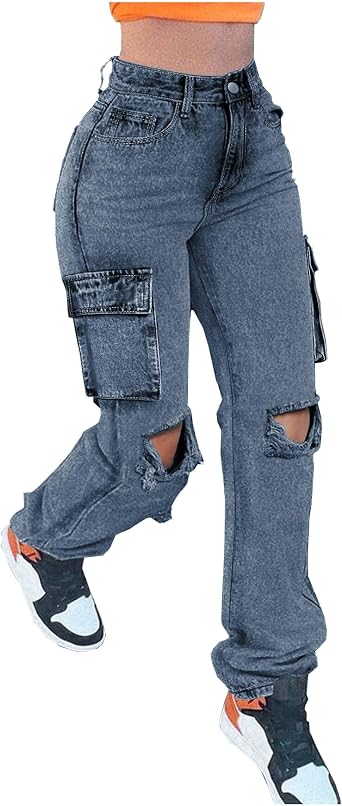Womens Distressed Ripped Cargo Jeans High Waisted Straight Leg Denim Pants