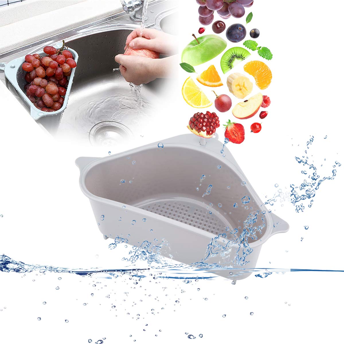 Triangular Sink Basket with Sucker, LivingAid Multifunction Kitchen Sink Storage Holder Drain Shelf Rack Sponge Holder Soap Box Organizer Corner Handing Self for Kitchen Support Corner (Beige)