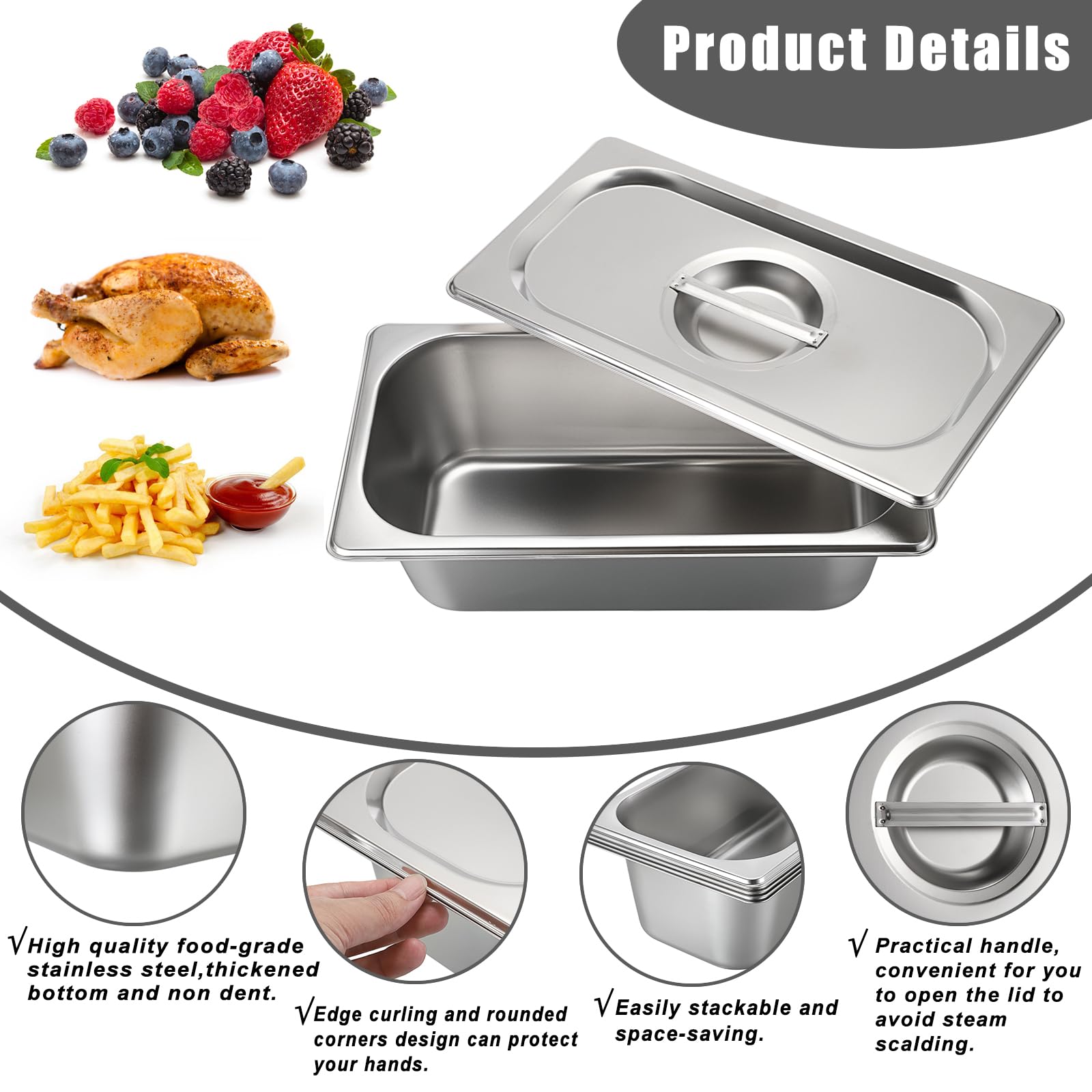 SUMNACON 4 contenitori per gas da 1/3 in acciaio inox per alimenti, impilabili con coperchio, da -60 °C a 400 °C, lavabili in lavastoviglie, per carne, pesce, frutta, gelato, salsa di 10 cm di altezza