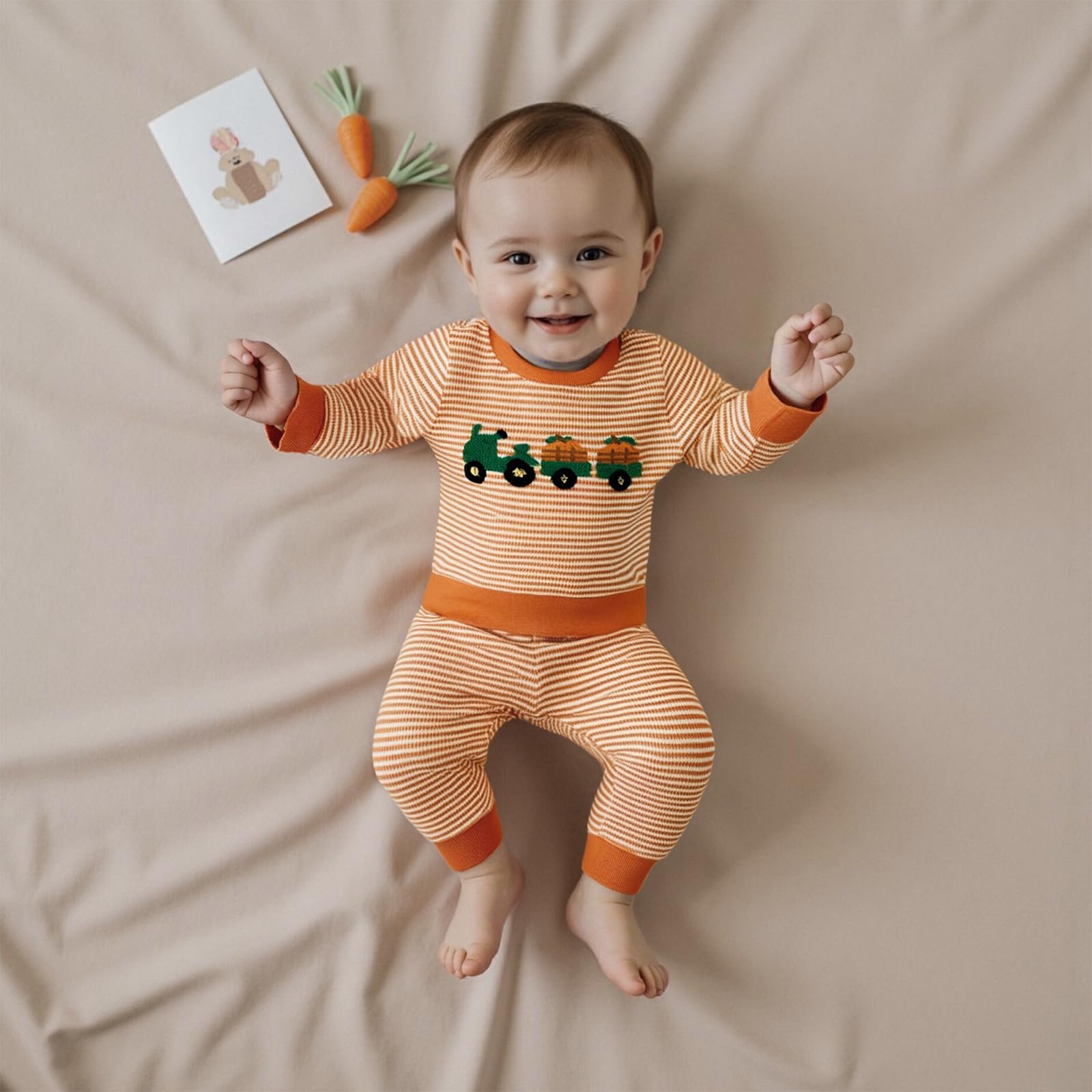 Mobbdow Toddler Baby Boy Halloween Outfit Long Sleeve Pumpkin Tractor Embroidered Stripe Waffle Knit Sweatshirt and Pants Set (A-Orange, 3-4T)