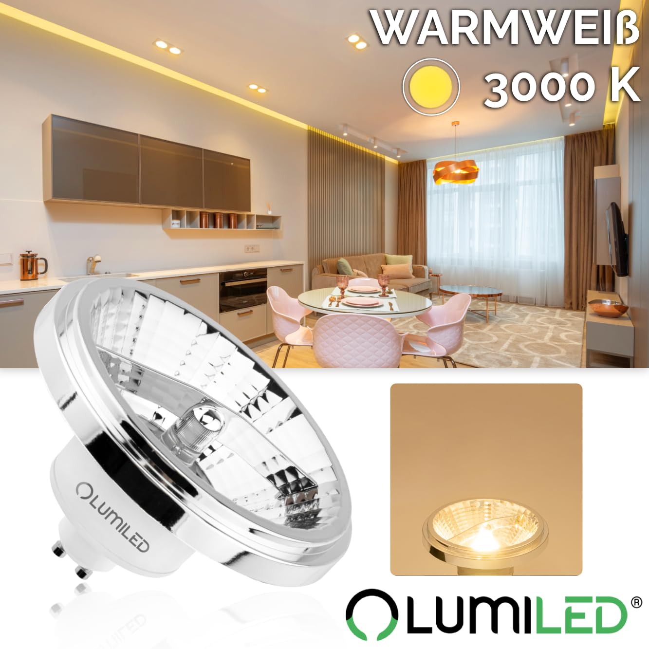 Lumiled LED-Leuchtmittel 10er Set ES111 GU10 Fassung Spannung 230V 15W (Entspricht 100 Watt) Warmweiß 3000K 24 Grad Abstrahlwinkel Silber 1521 Lumen Ra>80 Aluminium PC