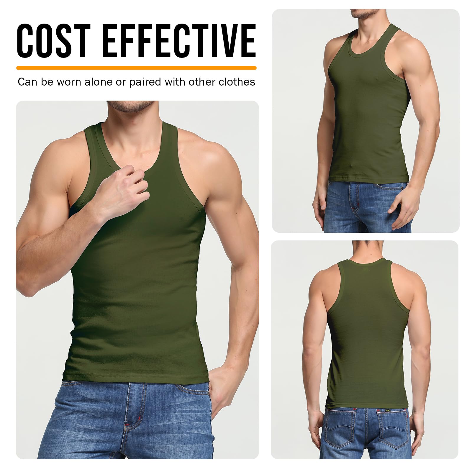 HomyComy Canottiera da uomo in 100% cotone, senza maniche, a girocollo, tinta unita, confezione da 3