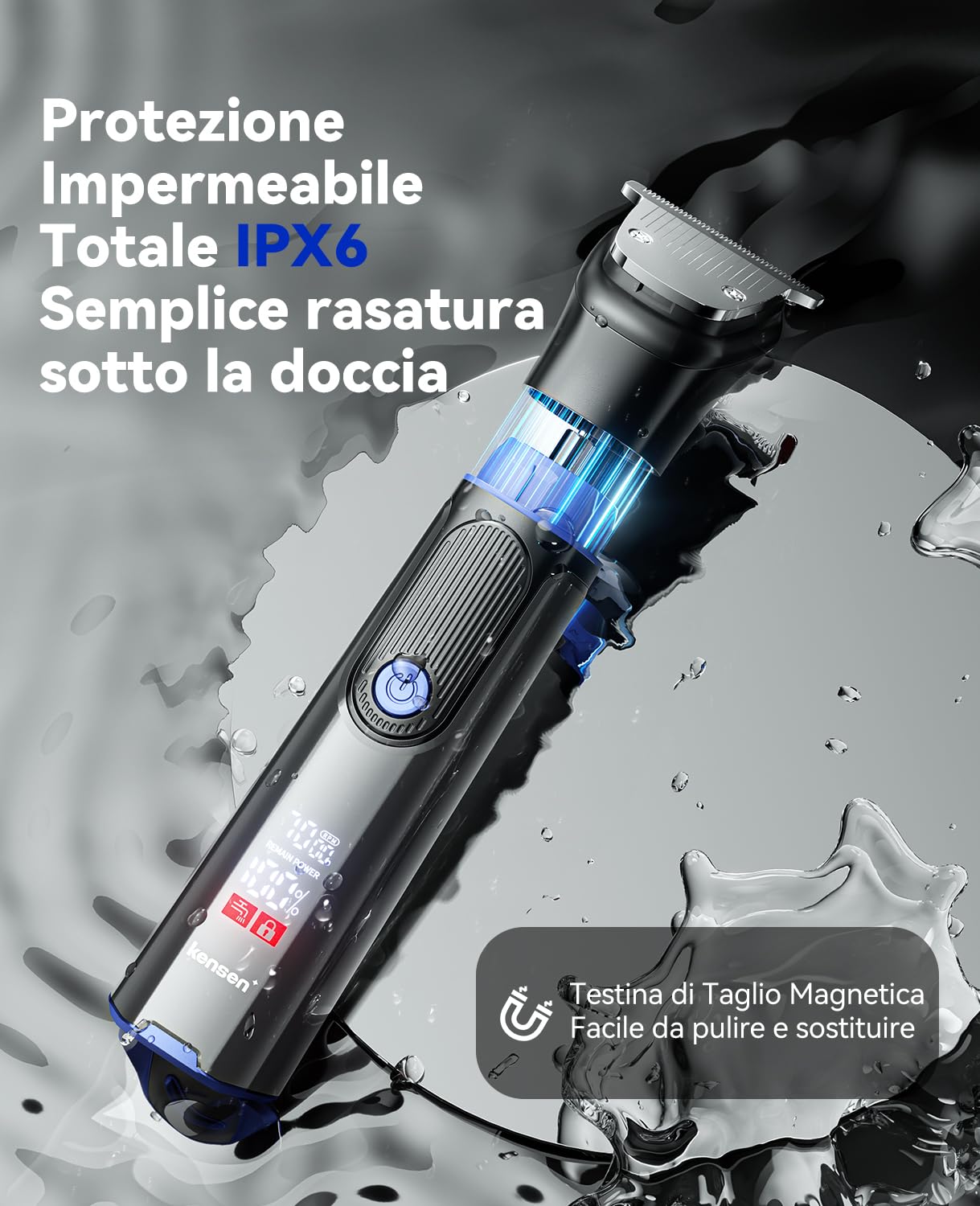 Kensen Rasoio Elettrico Corpo Uomo All-in-one Multigroom Autonomia 120 Min | 2 velocità Wet & Dry 18 in 1 Regolabarba Macchinetta Barba Uomo con Testine intercambiabili per corpo barba e capelli, 3-15mm