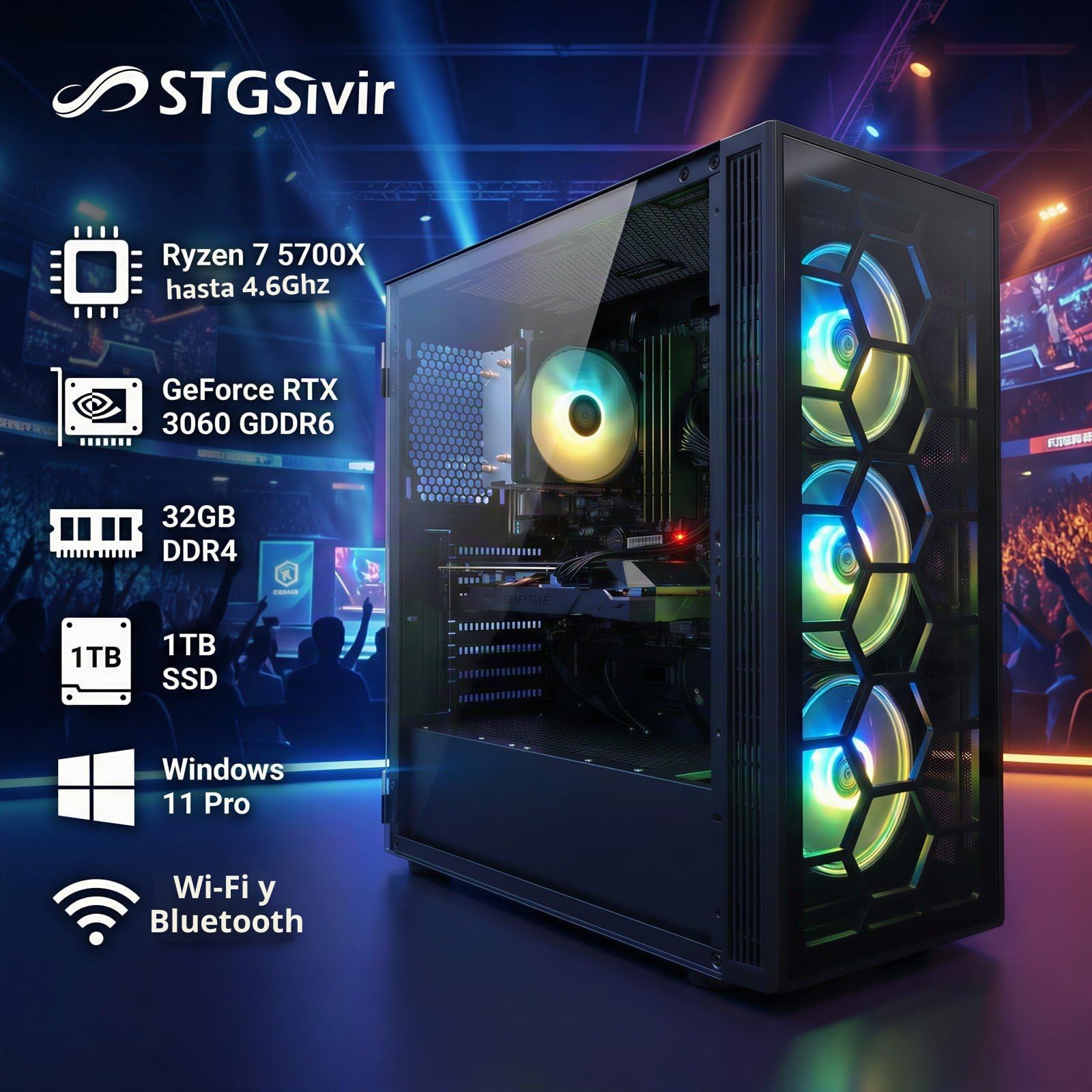 STGsivir PC Gaming, Ryzen 7 5700X, RTX 3060 12G,32G DDR4,1T SSD