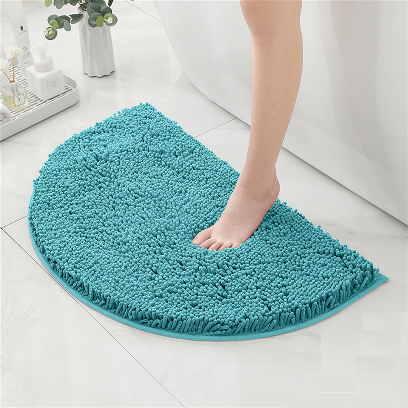Reyox Chenille Half Circle Bathroom Rug, Non Slip Water Absorbent Bath Mat, Washable Bath Rugs for Bathroom Floor Bathtub Peacock Blue 1.3 x 2.0 Feet