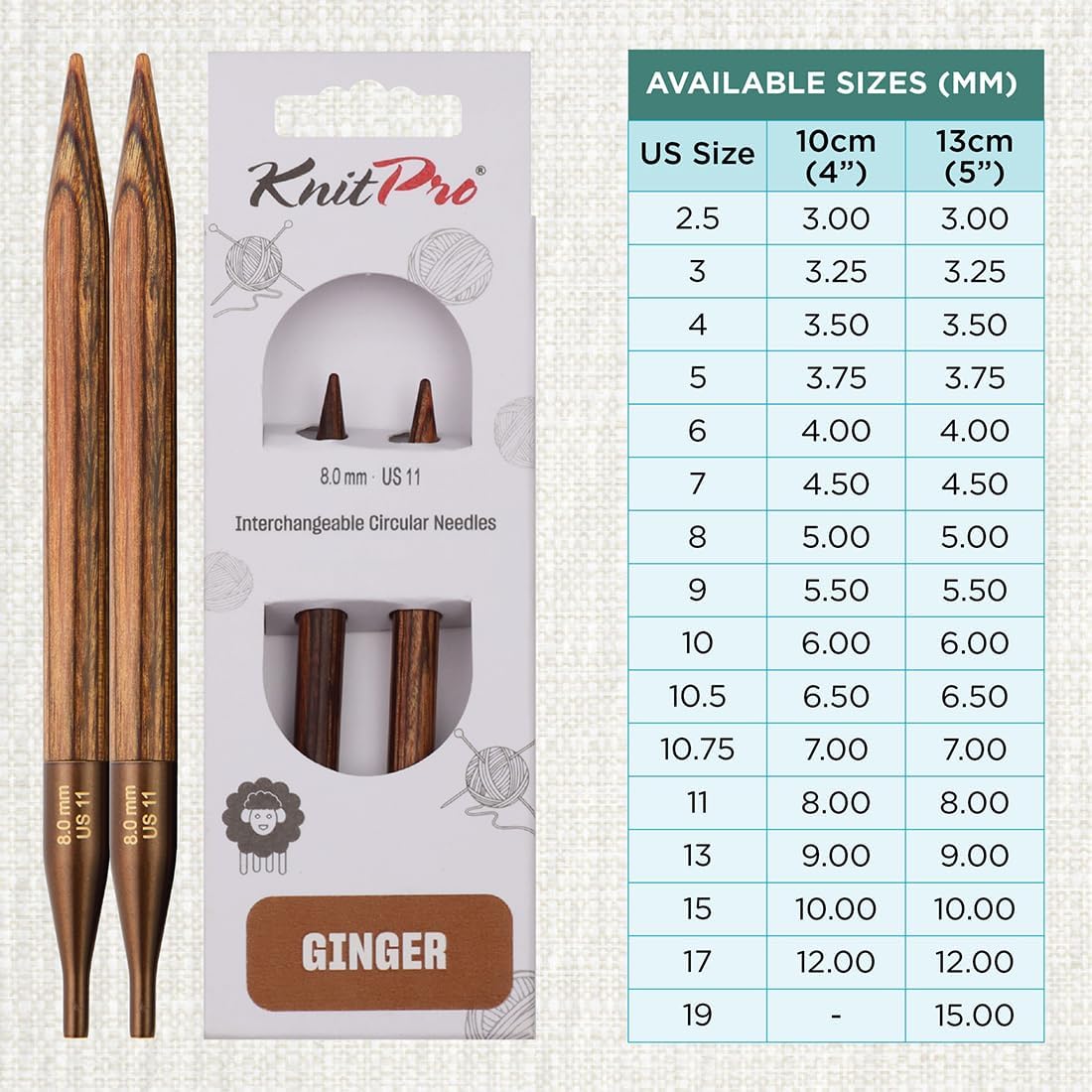 KnitPro Ginger Interchangeable Circular Needles 4" (10cm) | US Size 11 (8mm)