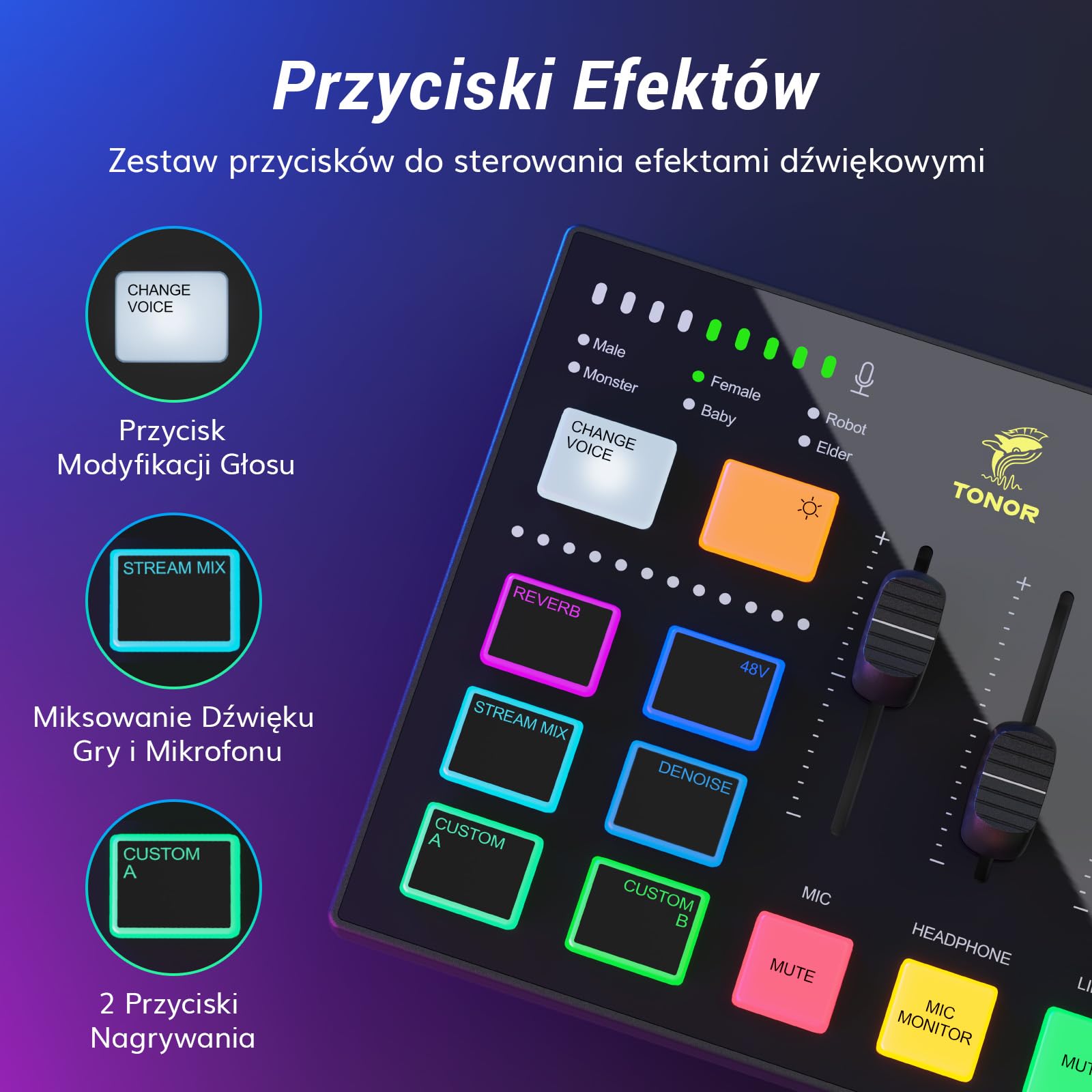 TONOR Interfejs audio do gier, mikser audio do streamingu, podcastów, nagrań studyjnych, 6,35 mm i kanał XLR, karta dźwiękowa z efektami świetlnymi RGB, do streamerów do gier, twórców treści TX310