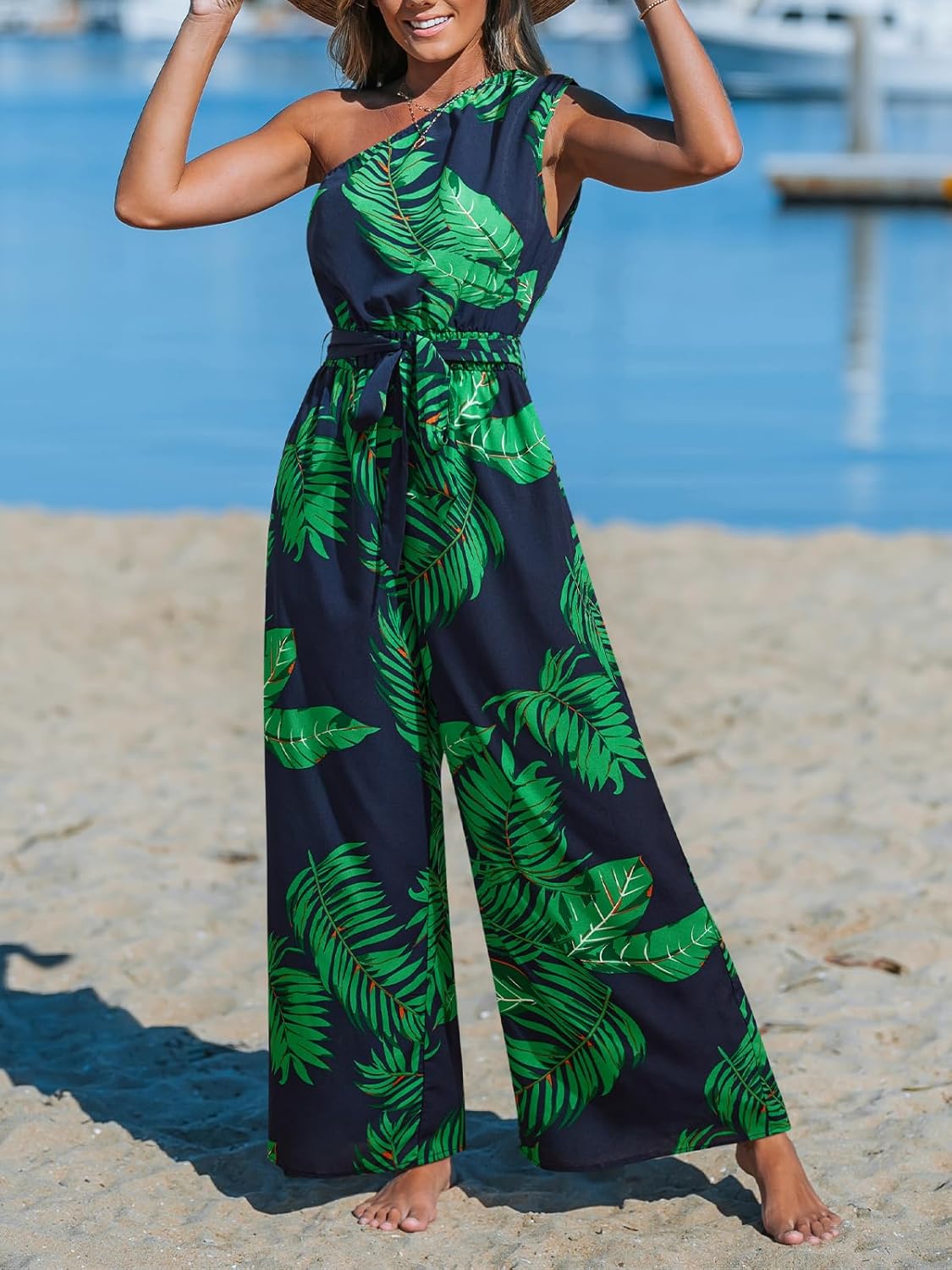 CUPSHE Women's Jumpsuits Sleeveless Floral One Shoulder Wide Leg Long Pants 2025 Trendy Travel Outfit Pocket - Image 2