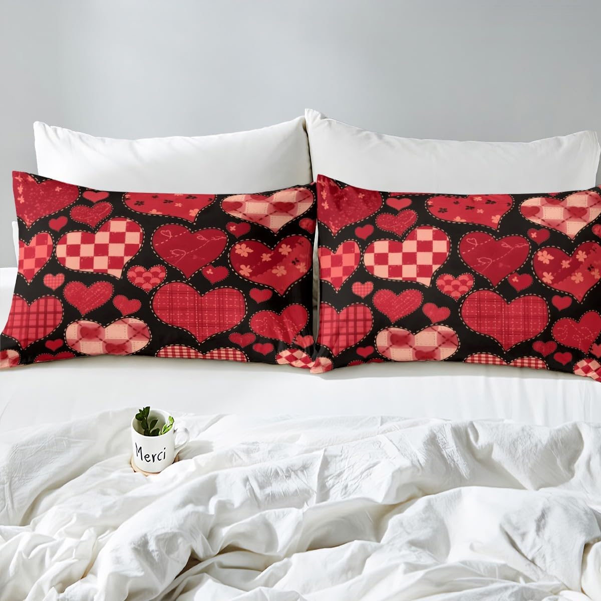 Red Heart Shape Duvet Cover Set Toddler Size,Valentine's Day Love Theme Reversible Quilt Cover for Kids Boys Girls Geometric Grid Checkered Black Bedding Set with 1 Pillowcase,No Comforter