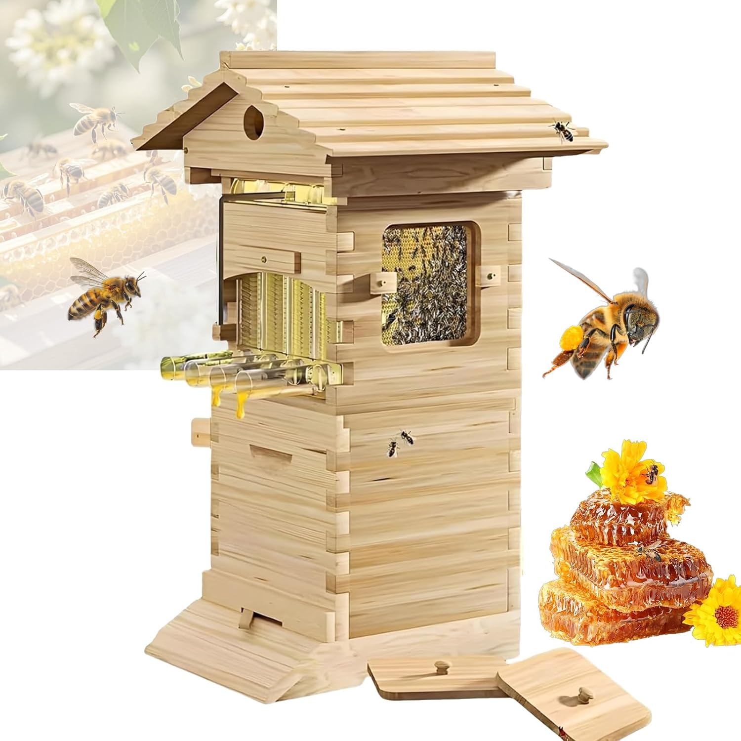 Flow Hive Beehive, Bee Hives Boxes Starter Kit with Observation Window and Honey Spout, Includes Carpenter Bee House, for Garden Pollinators