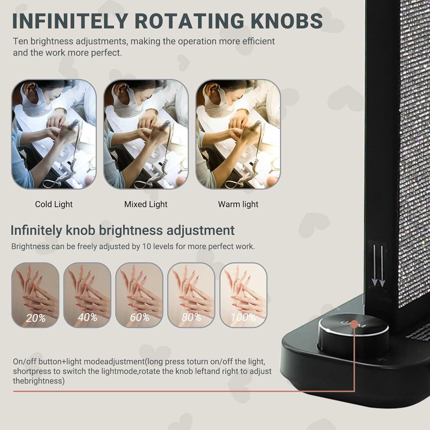 Square Foldable Half Moon Light for Nail Desk, Moon Light Nail Tech with Phone Holder, Knob Adjustment Lamp, Nail Table Lamp Convenient Base Holder, Charging Port, Type-C/DC