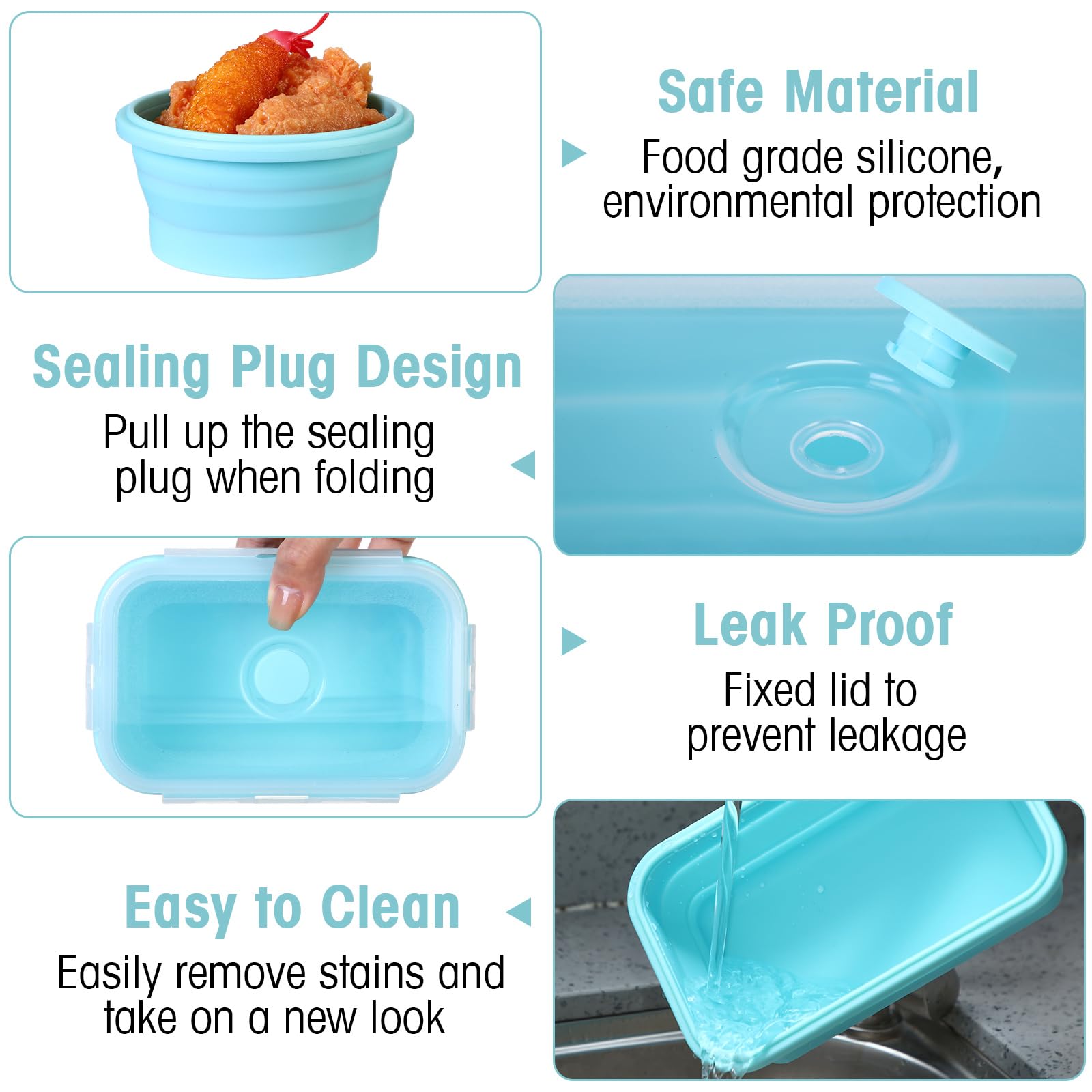 Yaomiao Lot de 16 récipients alimentaires pliables en silicone avec couvercles, 8 bols rectangulaires et 8 bols ronds, passent au micro-ondes, au congélateur et au lave-vaisselle (bleu)