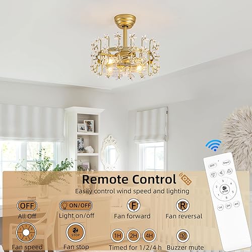 Miniatura 2 de Modernos ventiladores de techo de cristal dorado con luces y control remoto, ventilador de araña para dormitorio de niña, sala de estar