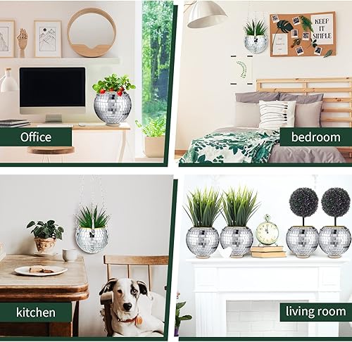 Miniatura 6 de Remerry 6 macetas de bola de discoteca de 4 pulgadas con espejo, maceta colgante bohemia con cadena y anillos de madera para plantas de interior y