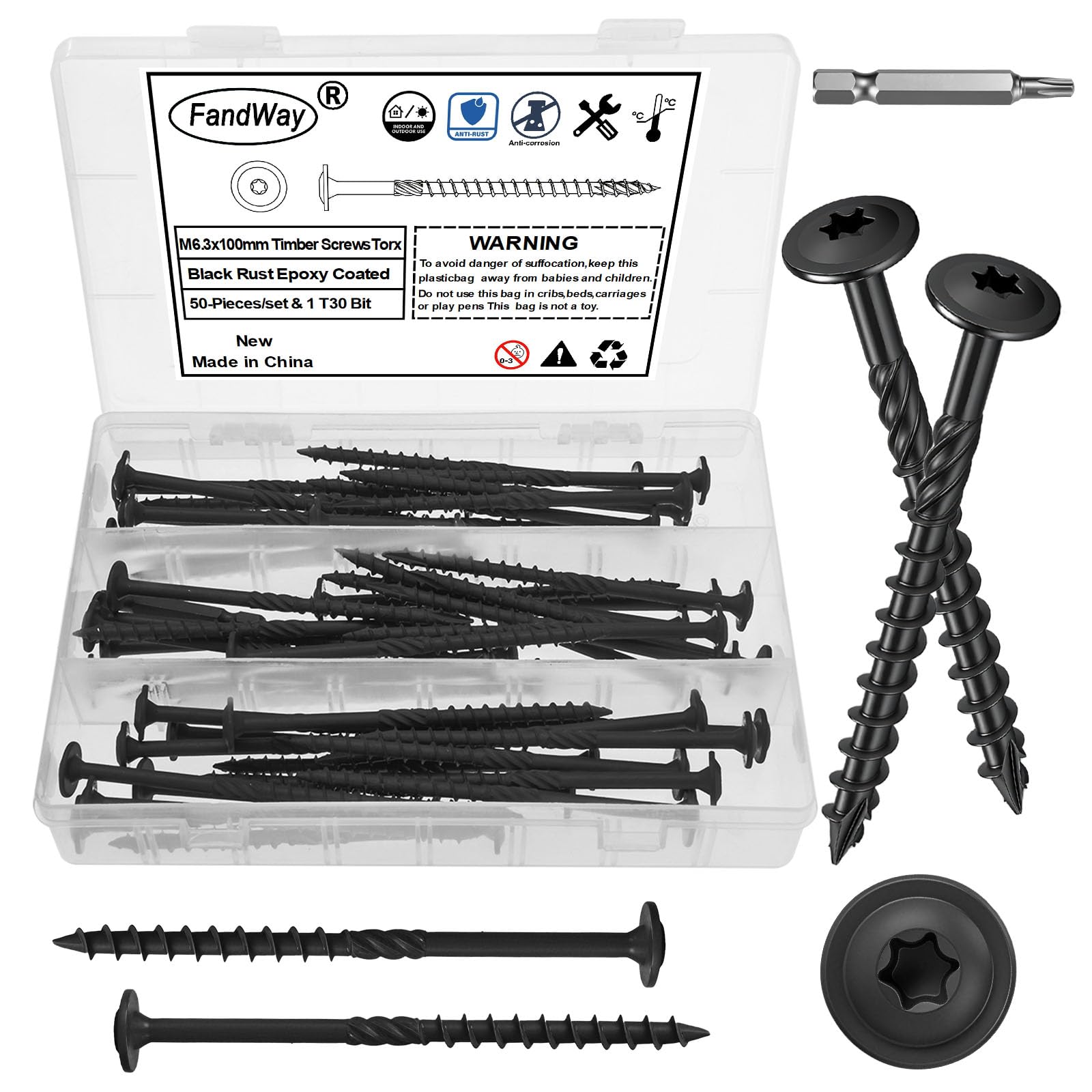 FandWay 50 Pcs Timber Screws,6.3x100mm Heavy Duty Structural Wood Screws,Torx Wafer Head Fixing Deck Screw,Rust Epoxy Coated With T30 Star Bits for Outdoor Log Landscape Frame Construction (Black).