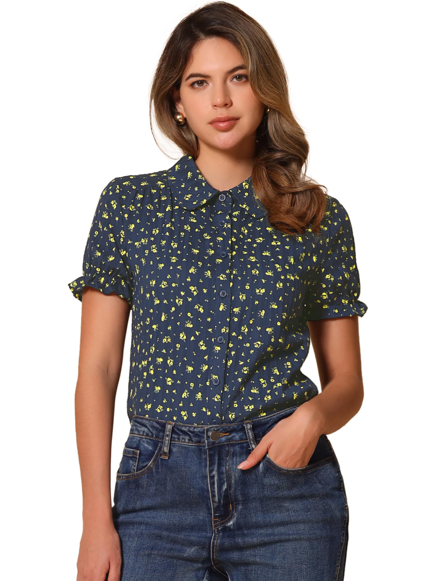 Allegra K Women's Short Sleeve Button-Up Peter Pan Collar Blouse