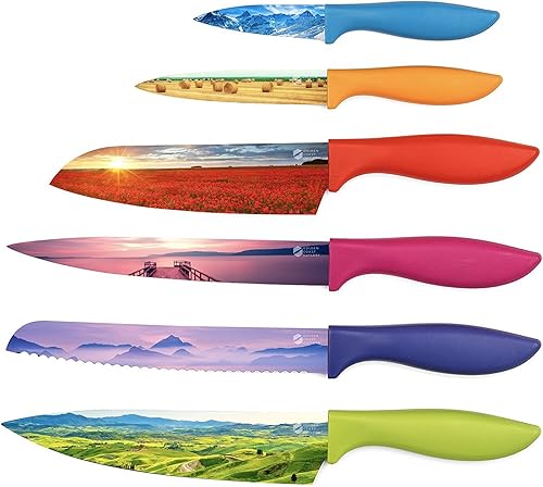 Golden Coast Cutlery Juego de cuchillos de cocina de colores  Cuchillos de cocina grandes y pequeños con acabado de superficie antiadherente y caja