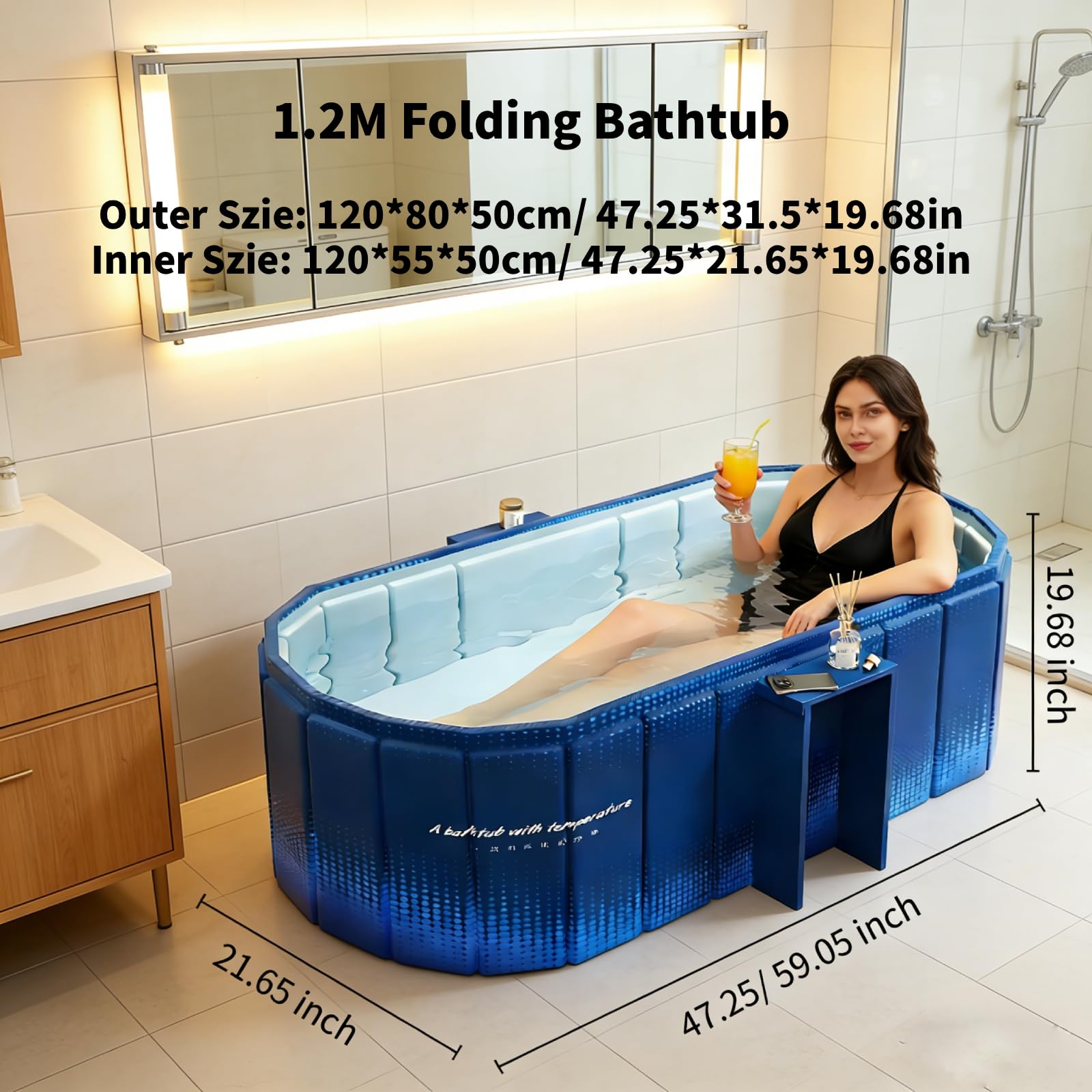 XUDREZ Bañera portátil para adultos, plegable, de pie, con estante de almacenamiento, bañeras de hielo caliente independientes, spa japonés, sauna, plegable, azul, 1,2 m