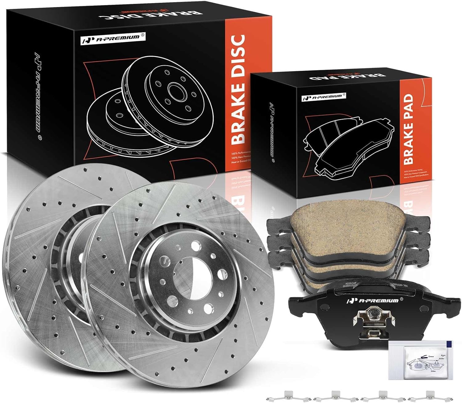 A-Premium 13.23 inch (336mm) Front Drilled and Slotted Disc Brake Rotors + Ceramic Pads Kit Compatible with Select Volvo Models - XC90 2003-2014, 6-PC Set