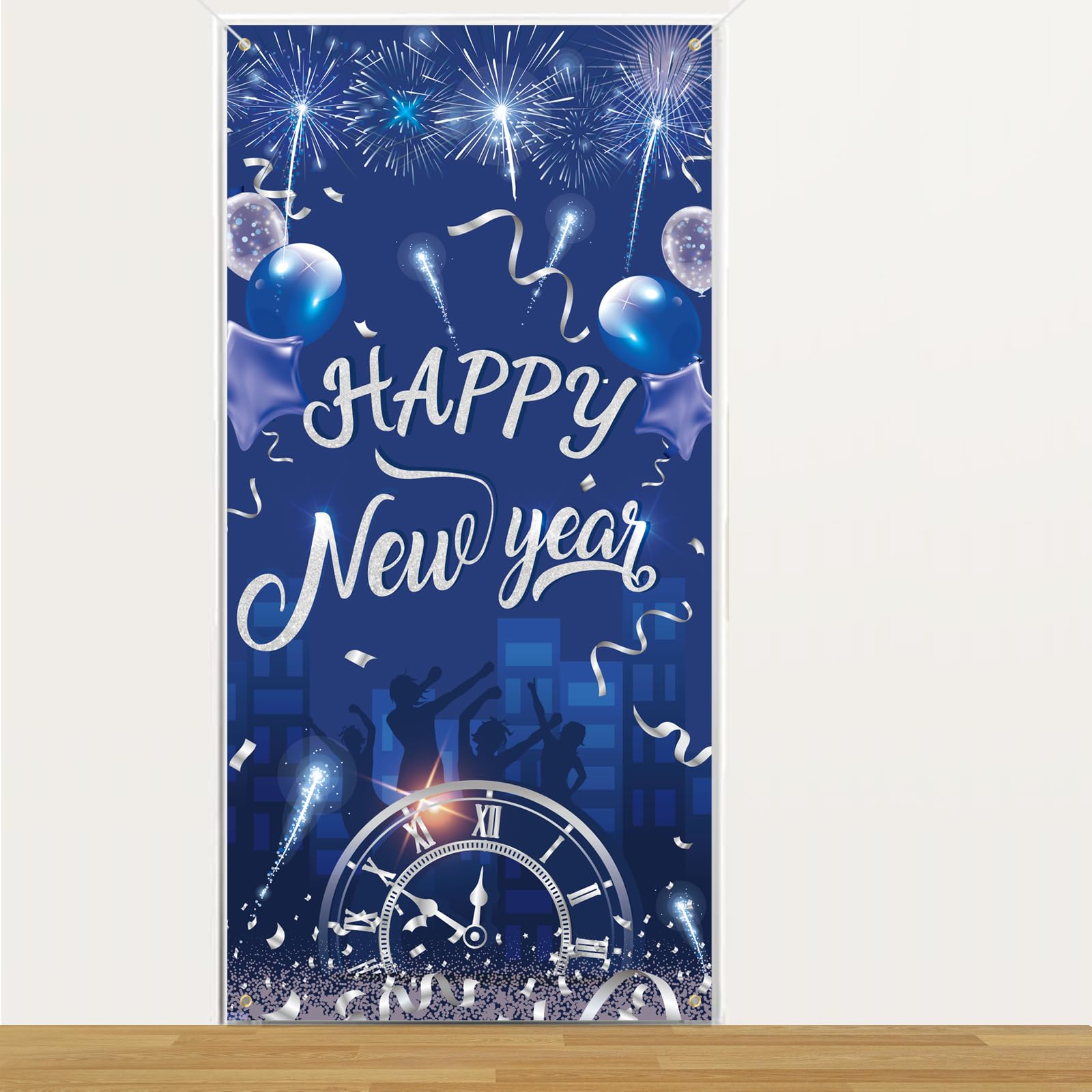 Couverture de porte Happy New Year bleu argenté pour panneau de bienvenue de Saint-Sylvestre