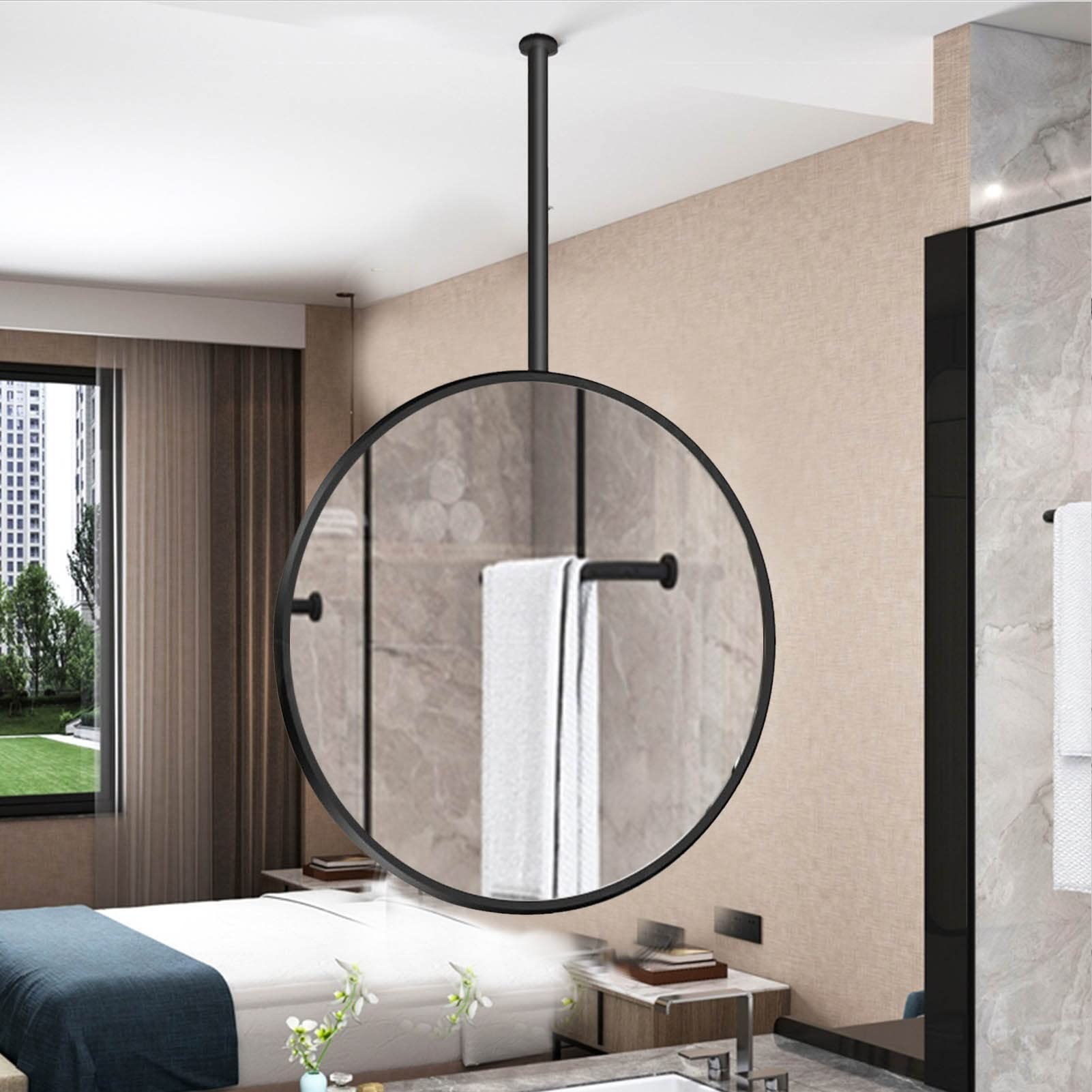 Miroir suspendu au plafond noir Ø50cm pour coiffeuse et salle de bain avec fixations