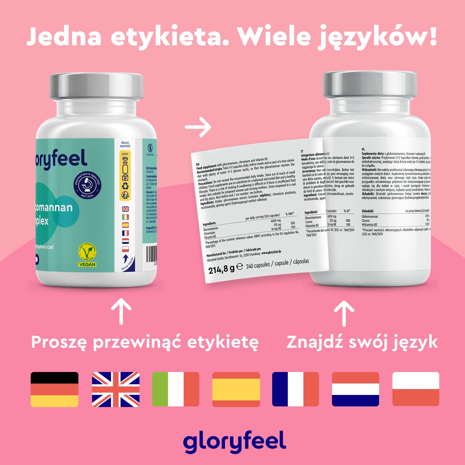 Glukomannan wysokodawkowy - 240 kapsułek - Korzeń Konjac na odchudzanie * - 4000 mg glukomannanu na dzienną dawkę - Z niacyną i chromem - 100% wegańskie i bez niepożądanych dodatków