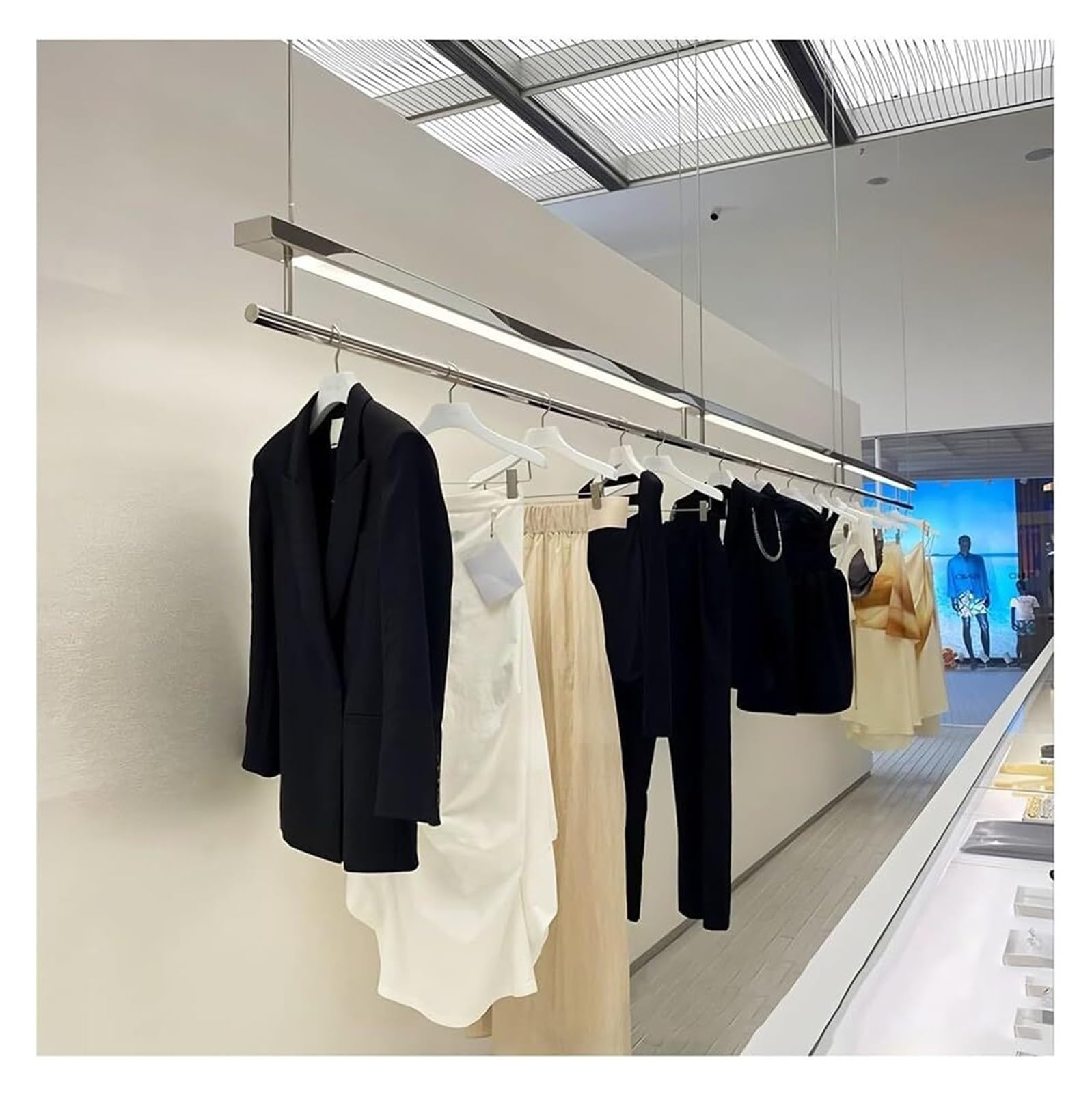 Decken-Schrank für Kleidungsstücke, LED-Kleiderständer aus Edelstahl for Aufhängen an der Decke, silberfarben, mehrere Größen, Einzelhandel(120 cm)