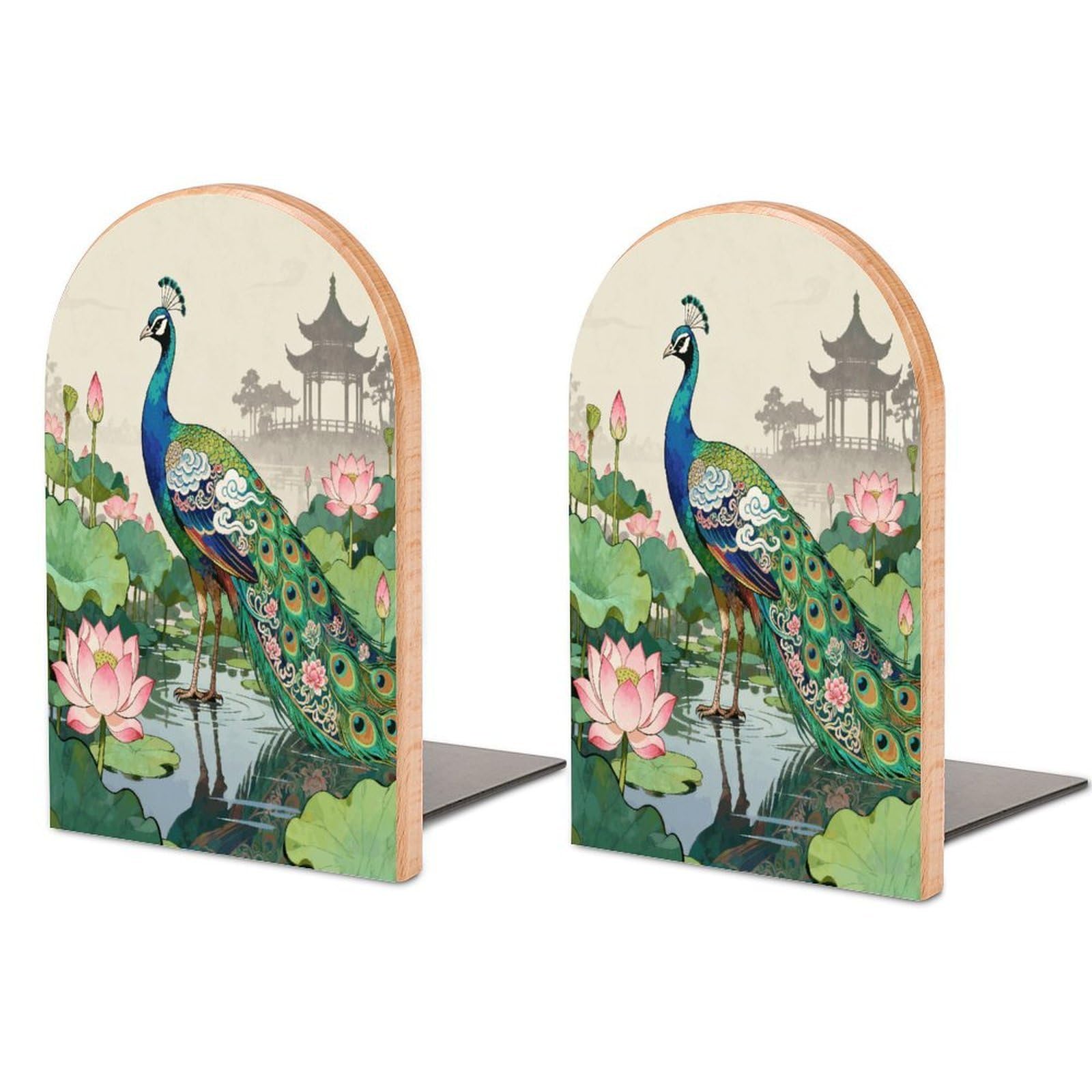 Peacocks and Flowers Book Ends Wood Non-Skid Bookend for Shelves Heavy Duty Bookends with Metal Base Decorative Books Stopper Desk Organizers Book Dividers for Office Home 1 Pair