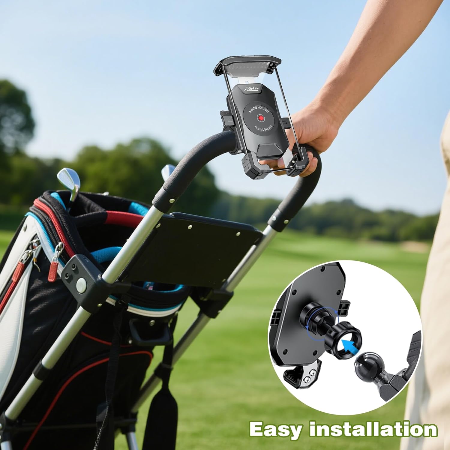 Roykaw Golf Push Cart Phone Holder, Universal Compatible with Caddytek, Clicgear and Most Push Carts, Fits for All Cell Phone, Fully Protection, Easy Installation - Image 9