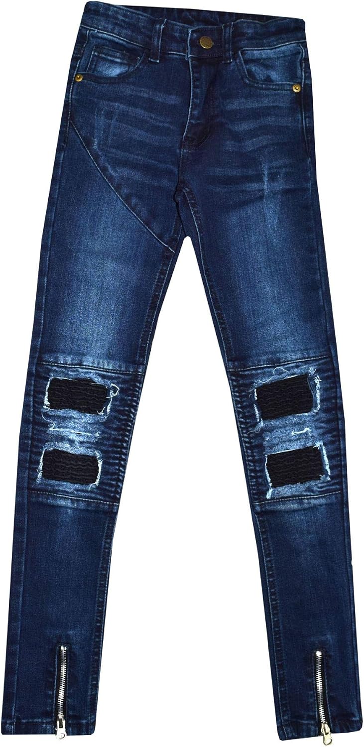 Kids Girls Stretchy Jeans Designer Ripped Drape Panel Denim Pant Trouser 5-13 Yr Dark Blue