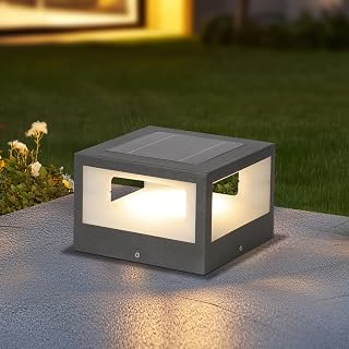 Solar Outdoor Column Lights Tri Color Dimming Fence Deck Post Lights IP65 Waterproof Pillar Lights Stainless Steel Solar External Column Cap Lamps Black Square Landscape Pathway Lighting