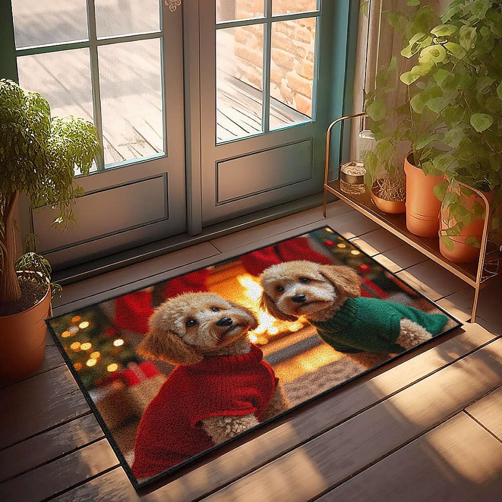 Paillasson extérieur 50x80 cm de Noël avec deux chiens et cheminée
