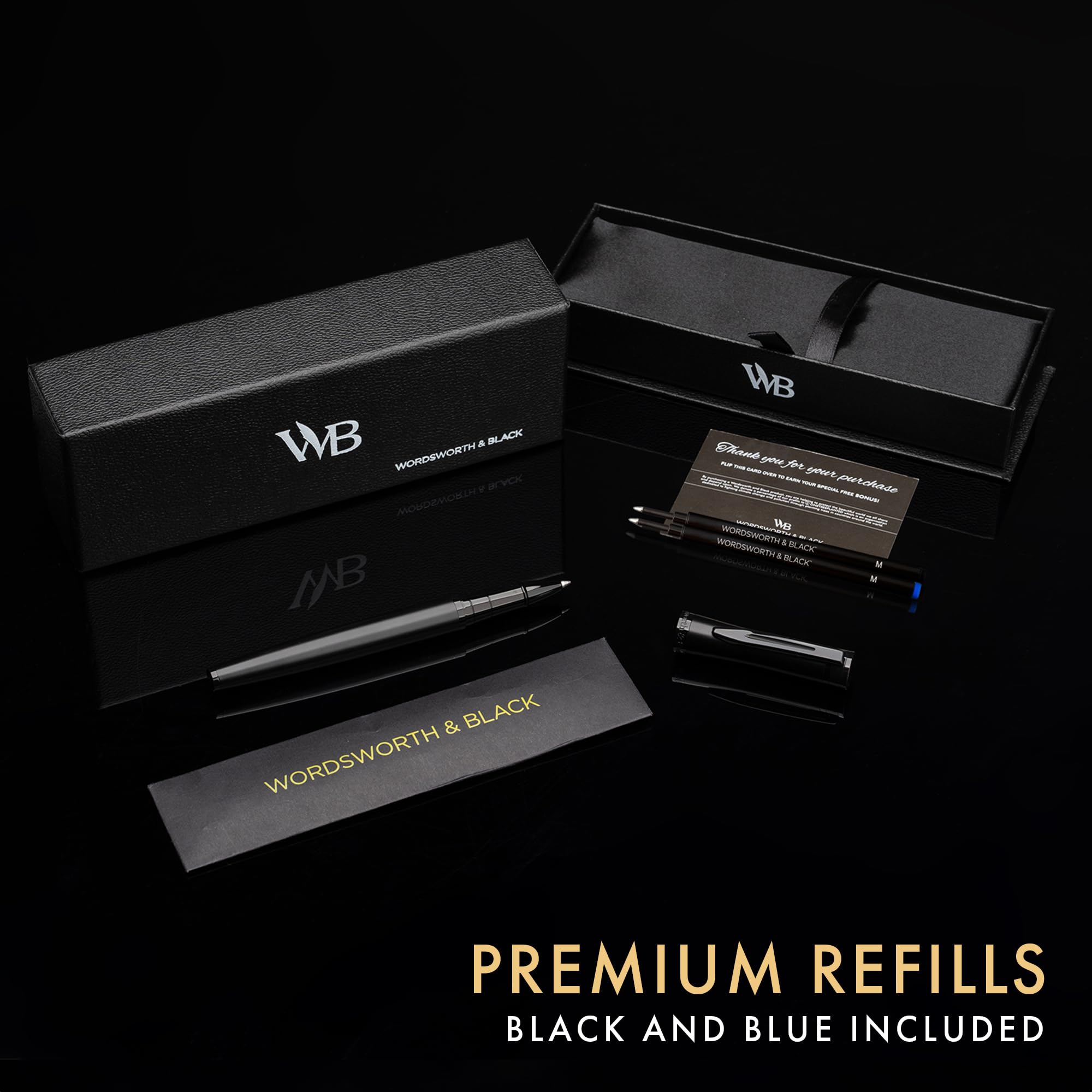 Wordsworth & Black Rollerball Pen - Bolígrafo de Lujo - Acabado en Laca Negra Completa, Recarga de Tinta,Recargable,Regalo para Hombres & Mujeres,Escritura Profesional,Bonitos Bolígrafos Elegantes