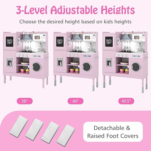 Miniatura 2 de HONEY JOY Juego de cocina para niños, cocina de madera para niños pequeños, microondas, utensilios de cocina, lavadora, campana extractora, juego de