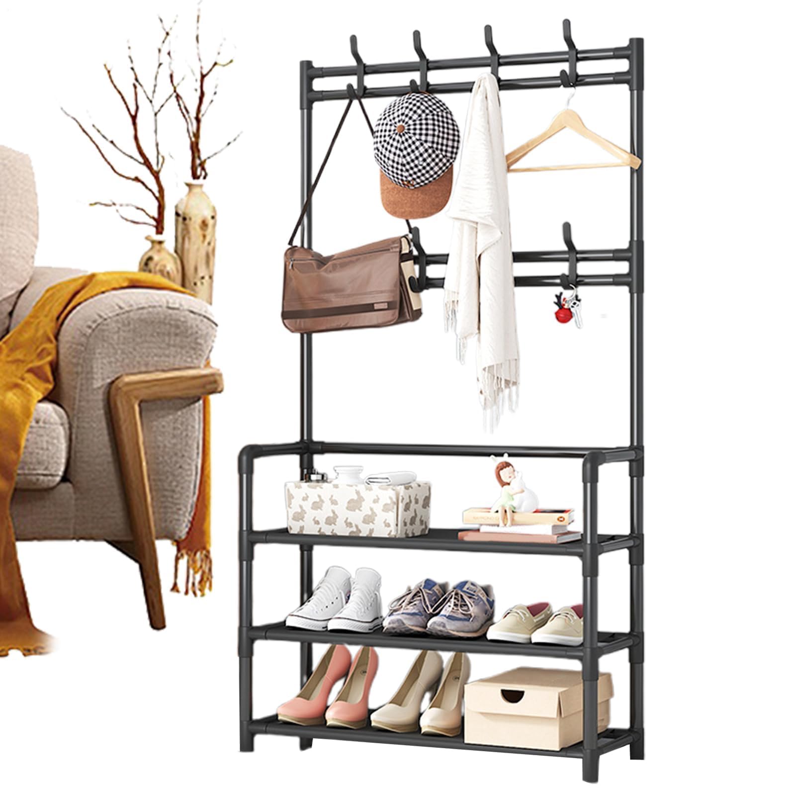 FGXHHS Free Standing Clothes Rack with Shoe Storage - Metal Coat, Multi-Layer Shelf, Space-Saving Hanger for Entryway | Stylish & Functional Closet Solution