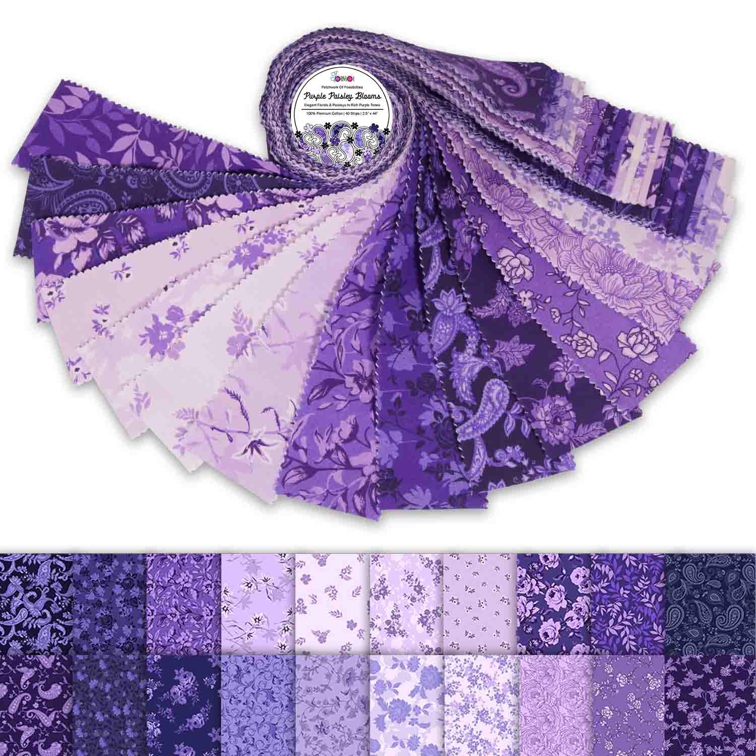 Jelly Roll 40 Strip Assorted Bundle, 2.5" Fabric Strips for Quilting, Crafting and Sewing, 100% Cotton Fabric Jelly Roll for Scrapbooking, Precut Quilt Projects, DIY Crafts - Purple Paisley Blooms